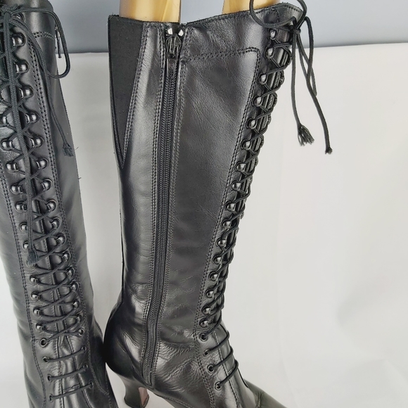 Vintage retro black laced lace up heeled leather boots - Picture 5 of 14